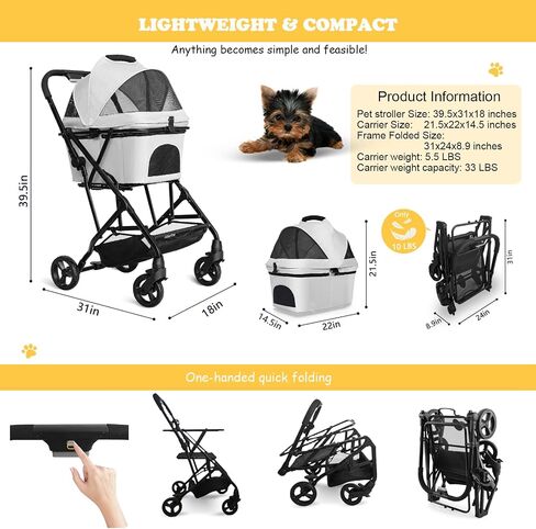 Dog Stroller for Small/Medium Dogs Cats Up to 33LBS, 3-in-1 Lightweight Foldable Pet Stroller with Removable Carrier, Storage Basket for Travel- Gray in Saudi Arabia