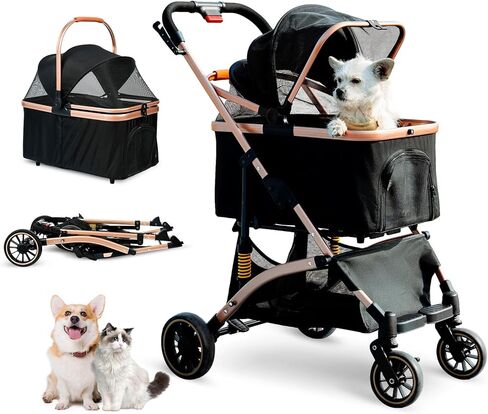 Cttasty Pet Stroller, Dog Strollers with Removable Carrier, Pet Stroller for Cats and Small and Medium Dogs, 4 Wheels Travel Jogger for Puppies, Pet Gear Stroller with Large Storage Basket, Black in Kuwait