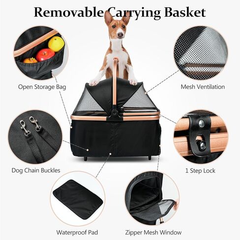 Cttasty Pet Stroller, Dog Strollers with Removable Carrier, Pet Stroller for Cats and Small and Medium Dogs, 4 Wheels Travel Jogger for Puppies, Pet Gear Stroller with Large Storage Basket, Black in Kuwait