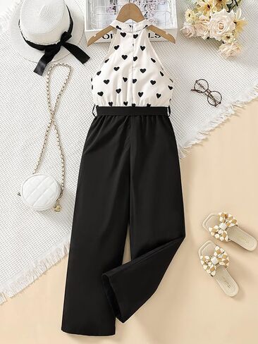 OYOANGLE Girl's Heart Graphic Print Sleeveless Halter Jumpsuits High Waist Wide Leg Jumpsuit Pants in Saudi Arabia