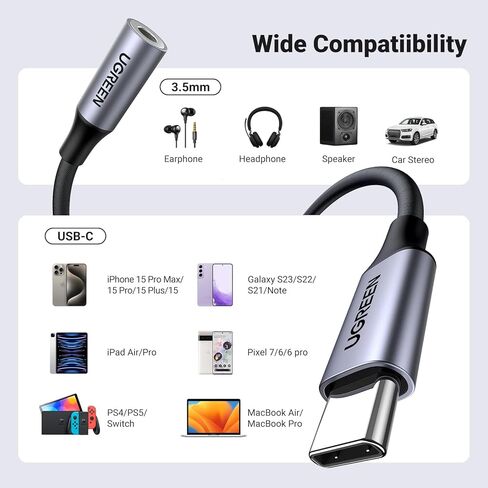 UGREEN 2 حزمة من محول الصوت USB C إلى 3.5 ملم من النوع C إلى سماعة الرأس Aux Jack Dongle 24bit/96k هرتز HiFi DAC كابل سلك متوافق مع iPhone 15 Pro Max/15 Pro/15 Plus، iPad، Galaxy S24 Ultra، Pixel 7، رمادي in Saudi Arabia