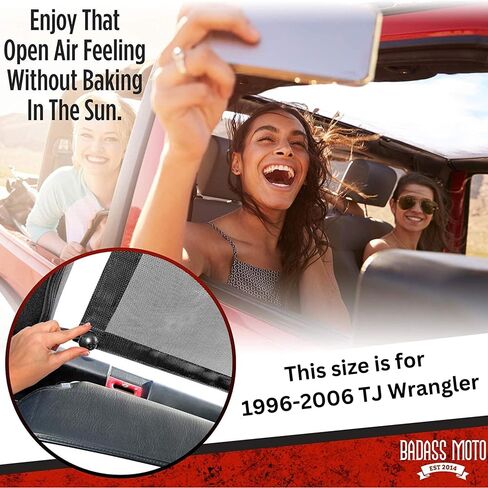 Badass Moto لسيارة Jeep Sunshade لسيارة Jeep Wrangler Top Mesh. 1997-2006 TJ (الجبهة) يبقيك هادئًا. يقلل من الأشعة فوق البنفسجية + الرياح والضوضاء. من السهل تركيب غطاء الشمس بدون أدوات لإكسسوارات هدايا محبي سيارات الجيب in Saudi Arabia