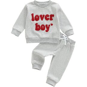 Toddler Baby Boy Valentines Day Outfit Love Embroidery Waffle Knit Sweatshirt Pants Set Cute Spring Fall Clothes in Kuwait