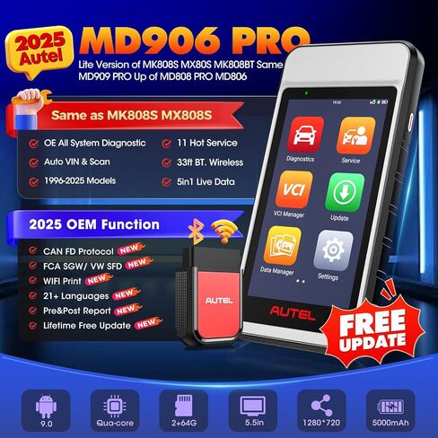 Autel Scanner MaxiDIAG MD906 PRO أداة تشخيص جميع الأنظمة، 2025 MD906PRO Bluetooth Lite Ver. MaxiCOM MK808S MX808S، ترقية MD808Pro MD906 MD806، CAN FD، 11 خدمة، بدون رسوم اشتراك، FCA in Kuwait