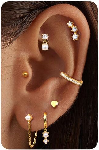 thunaraz 14k الذهب هوب أقراط للنساء العصرية غير تشويه المكدس الأقراط هيبوالرجينيك الغضروف القرط مجموعات لثقب متعددة لذيذ اللؤلؤ سلسلة قطرة تتدلى القرط in Kuwait