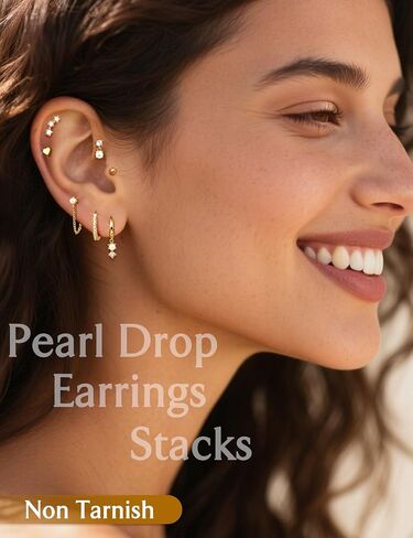thunaraz 14k الذهب هوب أقراط للنساء العصرية غير تشويه المكدس الأقراط هيبوالرجينيك الغضروف القرط مجموعات لثقب متعددة لذيذ اللؤلؤ سلسلة قطرة تتدلى القرط in Kuwait