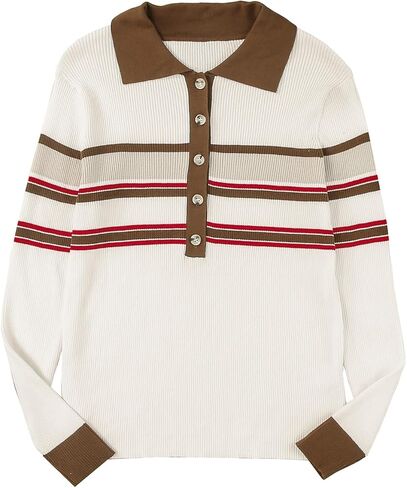 Fall Rib Knitted Stripe Detail Henley Long Sleeve Collar Neck Sweater for Women in Saudi Arabia