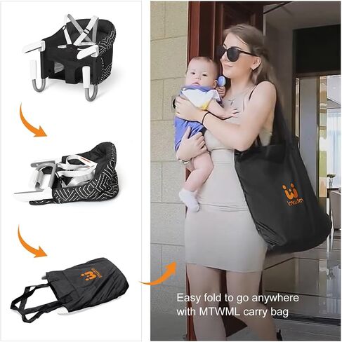 MTWML Hook On High Chair, Collapsible Portable Table Seat with Carry Bag | Fits 0.8"-3.3" tables, removable washable liner, quick clip-on, for babies 6-36 mos up to 37lbs, compact for travel in Saudi Arabia