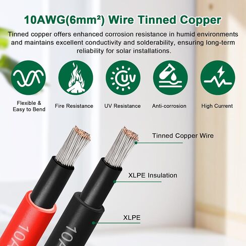 سلك الألواح الشمسية 10 AWG(6 مم²) - كابل تمديد للطاقة الشمسية 100 قدم أسود و100 قدم أحمر 10 سلك كهروضوئي نحاسي معلب للسيارات الخارجية RV لوحة شمسية للقوارب البحرية (أسود + أحمر) in Kuwait