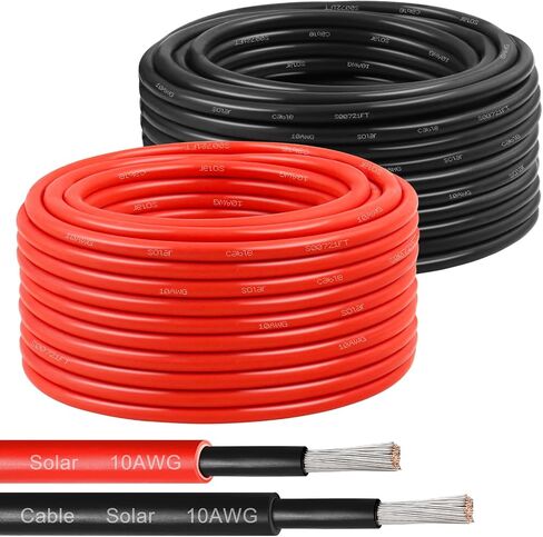 سلك الألواح الشمسية 10 AWG(6 مم²) - كابل تمديد للطاقة الشمسية 100 قدم أسود و100 قدم أحمر 10 سلك كهروضوئي نحاسي معلب للسيارات الخارجية RV لوحة شمسية للقوارب البحرية (أسود + أحمر) in Kuwait