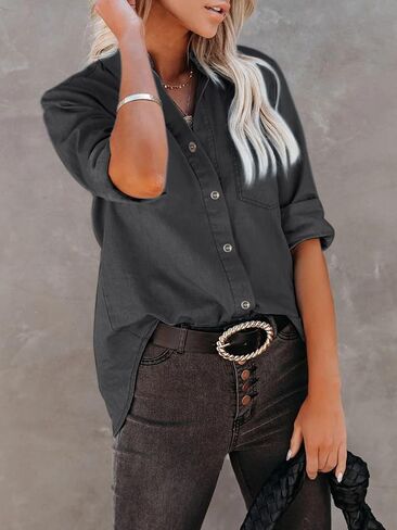 Women's Denim Button Down Shirt with Pockets Chambray Cotton Button Up Tunics Long Sleeve Solid High Low Blouse Tops - Denim Blue - XXL in Saudi Arabia