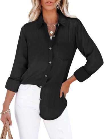 Women's Denim Button Down Shirt with Pockets Chambray Cotton Button Up Tunics Long Sleeve Solid High Low Blouse Tops - Denim Blue - XXL in Saudi Arabia