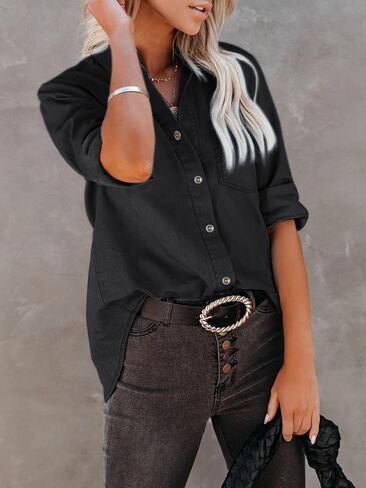 Women's Denim Button Down Shirt with Pockets Chambray Cotton Button Up Tunics Long Sleeve Solid High Low Blouse Tops - Denim Blue - XXL in Saudi Arabia