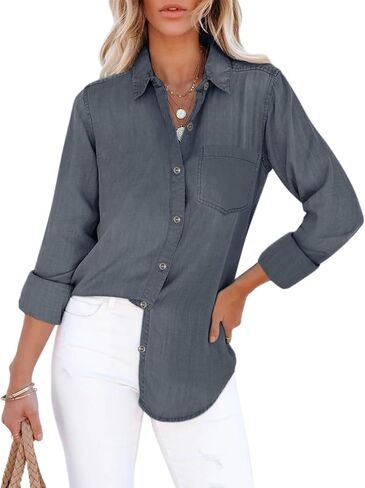 Women's Denim Button Down Shirt with Pockets Chambray Cotton Button Up Tunics Long Sleeve Solid High Low Blouse Tops - Denim Blue - XXL in Saudi Arabia