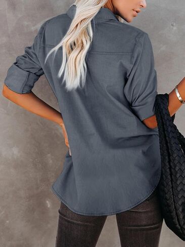 Women's Denim Button Down Shirt with Pockets Chambray Cotton Button Up Tunics Long Sleeve Solid High Low Blouse Tops - Denim Blue - XXL in Saudi Arabia