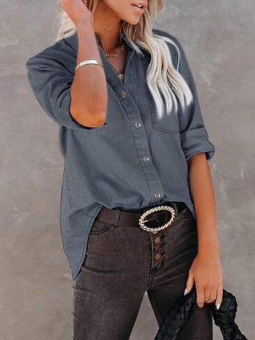 Women's Denim Button Down Shirt with Pockets Chambray Cotton Button Up Tunics Long Sleeve Solid High Low Blouse Tops - Denim Blue - XXL in Saudi Arabia