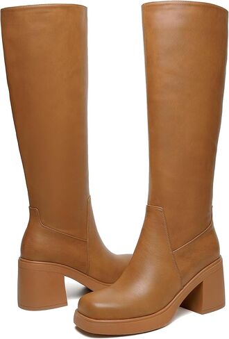 Knee High Boots for Women Square Toe Tall Boots Chunky Heeled Fashion High Boots with Side Zipper in Kuwait