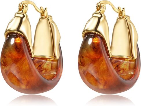 Vintage Gold Hoops Earrings for Women,Brown White Blue Pink Chunky Dangle Drop Jewelry with Resin Gemstones, Trendy Statement Earrings for Beach,Party, Vintage Gift for Travel Maximalist Jewelry in Kuwait