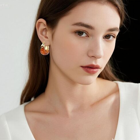 Vintage Gold Hoops Earrings for Women,Brown White Blue Pink Chunky Dangle Drop Jewelry with Resin Gemstones, Trendy Statement Earrings for Beach,Party, Vintage Gift for Travel Maximalist Jewelry in Kuwait