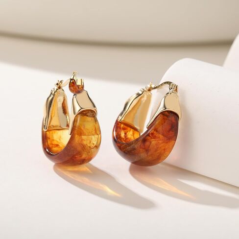 Vintage Gold Hoops Earrings for Women,Brown White Blue Pink Chunky Dangle Drop Jewelry with Resin Gemstones, Trendy Statement Earrings for Beach,Party, Vintage Gift for Travel Maximalist Jewelry in Kuwait