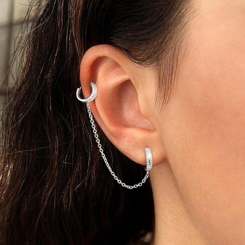 Gold Chain Earrings for Women, Hypoallergenic Double conch piercing Huggie Hoop Stud Catilage Dangle Jewelry, Sterling Silver Chain Earring Dangle Set in Saudi Arabia