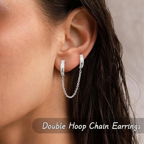 Gold Chain Earrings for Women, Hypoallergenic Double conch piercing Huggie Hoop Stud Catilage Dangle Jewelry, Sterling Silver Chain Earring Dangle Set in Saudi Arabia