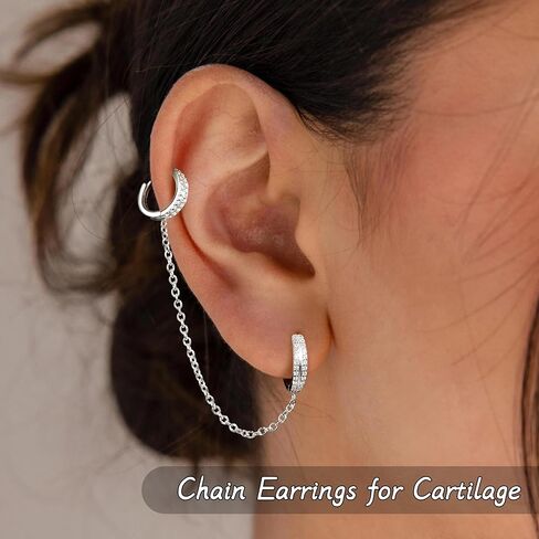 Gold Chain Earrings for Women, Hypoallergenic Double conch piercing Huggie Hoop Stud Catilage Dangle Jewelry, Sterling Silver Chain Earring Dangle Set in Saudi Arabia