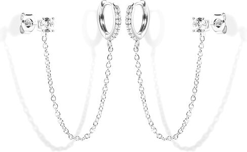 Gold Chain Earrings for Women, Hypoallergenic Double conch piercing Huggie Hoop Stud Catilage Dangle Jewelry, Sterling Silver Chain Earring Dangle Set in Saudi Arabia