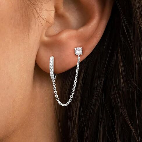 Gold Chain Earrings for Women, Hypoallergenic Double conch piercing Huggie Hoop Stud Catilage Dangle Jewelry, Sterling Silver Chain Earring Dangle Set in Saudi Arabia
