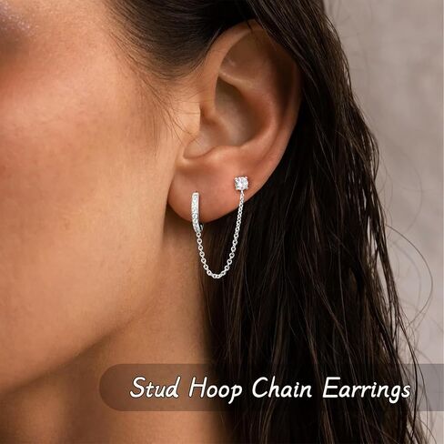 Gold Chain Earrings for Women, Hypoallergenic Double conch piercing Huggie Hoop Stud Catilage Dangle Jewelry, Sterling Silver Chain Earring Dangle Set in Saudi Arabia