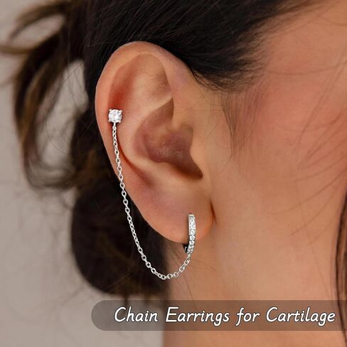 Gold Chain Earrings for Women, Hypoallergenic Double conch piercing Huggie Hoop Stud Catilage Dangle Jewelry, Sterling Silver Chain Earring Dangle Set in Saudi Arabia