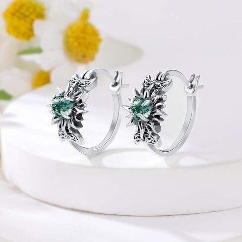 Vintage Daisy/Rose/Butterfly with Natural Moss Agate Hoop Earrings 925 Sterling Silver Retro Moss Agate Hoop Earrings for Women Gifts in Saudi Arabia