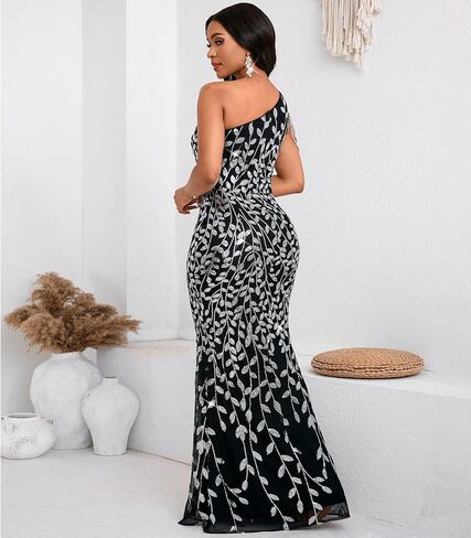 Cololura Women Sequin Elegant Sexy One Shoulder Tassel Mermaid Bodycon Cocktail Evening Dress in Kuwait