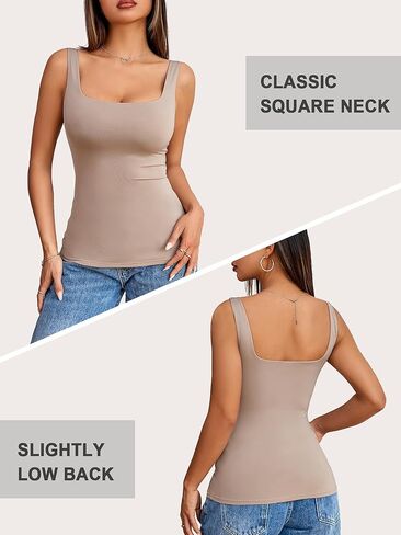 Ibeauti Womens Square Neck Tank Tops Fitted Double Lined Tops Basic Layering Tanks Summer Sleeveless Shirts in Kuwait