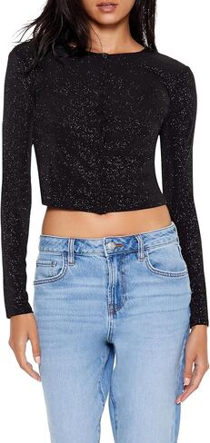 Forever 21 Womens Glitter Knit Button-up Crop Top in Saudi Arabia