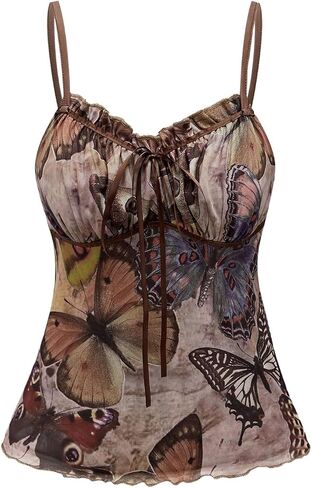 Women's Plus Size Graphic Ruffle Hem Camisole Tops Tie Front Spaghetti Strap Y2K Peplum Top in Saudi Arabia