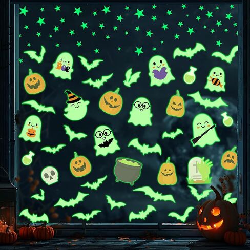 Whaline Halloween Glow in The Dark Window Cling Stickers Ghost Pumpkin Bats Window Decals Cute Cartoon Decoration for Halloween Party Home Classroom Wall, 4 Sheets in Saudi Arabia