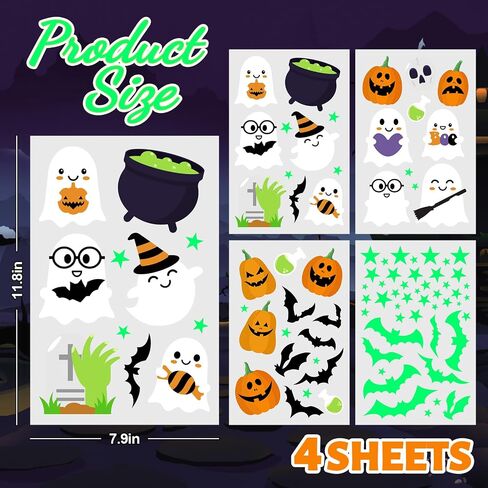 Whaline Halloween Glow in The Dark Window Cling Stickers Ghost Pumpkin Bats Window Decals Cute Cartoon Decoration for Halloween Party Home Classroom Wall, 4 Sheets in Saudi Arabia