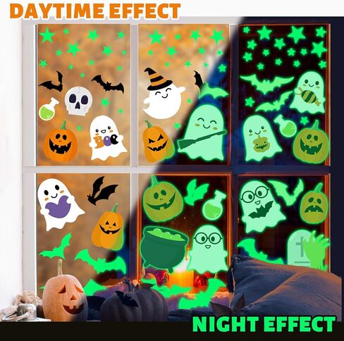 Whaline Halloween Glow in The Dark Window Cling Stickers Ghost Pumpkin Bats Window Decals Cute Cartoon Decoration for Halloween Party Home Classroom Wall, 4 Sheets in Saudi Arabia