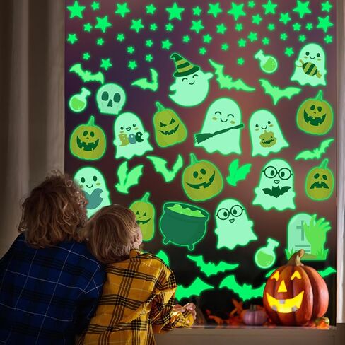 Whaline Halloween Glow in The Dark Window Cling Stickers Ghost Pumpkin Bats Window Decals Cute Cartoon Decoration for Halloween Party Home Classroom Wall, 4 Sheets in Saudi Arabia
