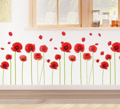 2 Sheets Red Poppy Flower Wall Decals Cute Floral DIY Decor Wall Stickers Vinyl Wall Decor for Bedroom Living Room Playroom Nursery Home Decoration in Saudi Arabia