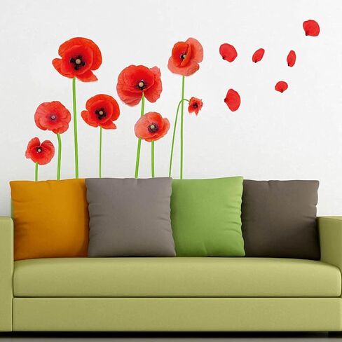 2 Sheets Red Poppy Flower Wall Decals Cute Floral DIY Decor Wall Stickers Vinyl Wall Decor for Bedroom Living Room Playroom Nursery Home Decoration in Saudi Arabia