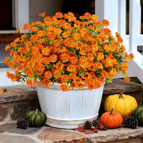 Artificial Mums Fall Fake Flowers for Outdoors, 10 Bundles Faux Mums Autumn Decorations,UV Resistant Silk Flowers Plastic Plants for Outside Front Porch Garden Patio Home Planters Decor (Yellow) in Saudi Arabia