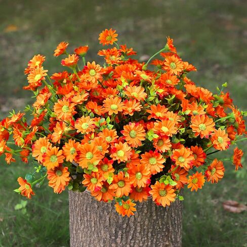 Artificial Mums Fall Fake Flowers for Outdoors, 10 Bundles Faux Mums Autumn Decorations,UV Resistant Silk Flowers Plastic Plants for Outside Front Porch Garden Patio Home Planters Decor (Yellow) in Saudi Arabia