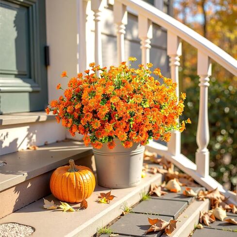 Artificial Mums Fall Fake Flowers for Outdoors, 10 Bundles Faux Mums Autumn Decorations,UV Resistant Silk Flowers Plastic Plants for Outside Front Porch Garden Patio Home Planters Decor (Yellow) in Saudi Arabia