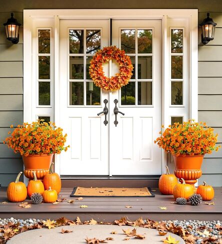 Artificial Mums Fall Fake Flowers for Outdoors, 10 Bundles Faux Mums Autumn Decorations,UV Resistant Silk Flowers Plastic Plants for Outside Front Porch Garden Patio Home Planters Decor (Yellow) in Saudi Arabia