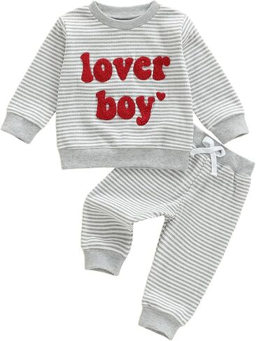 Toddler Baby Boy Valentines Day Outfit Love Embroidery Waffle Knit Sweatshirt Pants Set Cute Spring Fall Clothes in Kuwait