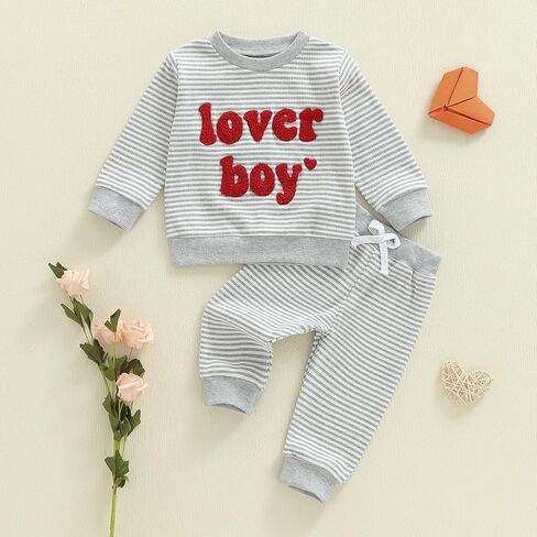 Toddler Baby Boy Valentines Day Outfit Love Embroidery Waffle Knit Sweatshirt Pants Set Cute Spring Fall Clothes in Kuwait