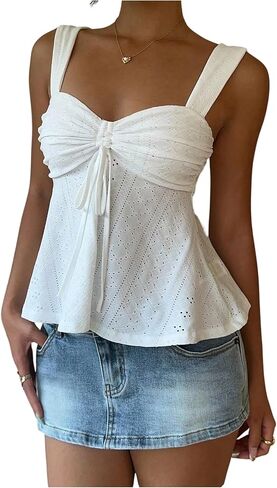 Milumia Women's Eyelet Tie Front Ruched Tank Tops Y2k Drawstring Sexy Going Out Top in Saudi Arabia