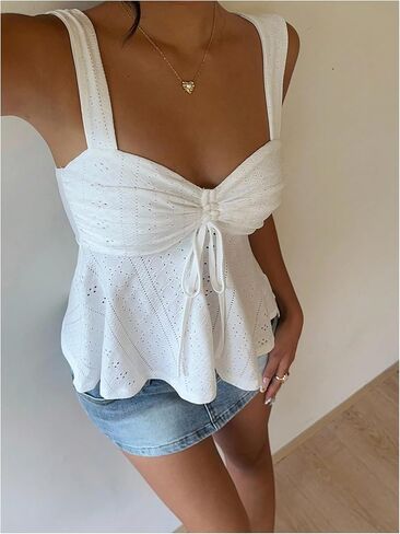 Milumia Women's Eyelet Tie Front Ruched Tank Tops Y2k Drawstring Sexy Going Out Top in Saudi Arabia